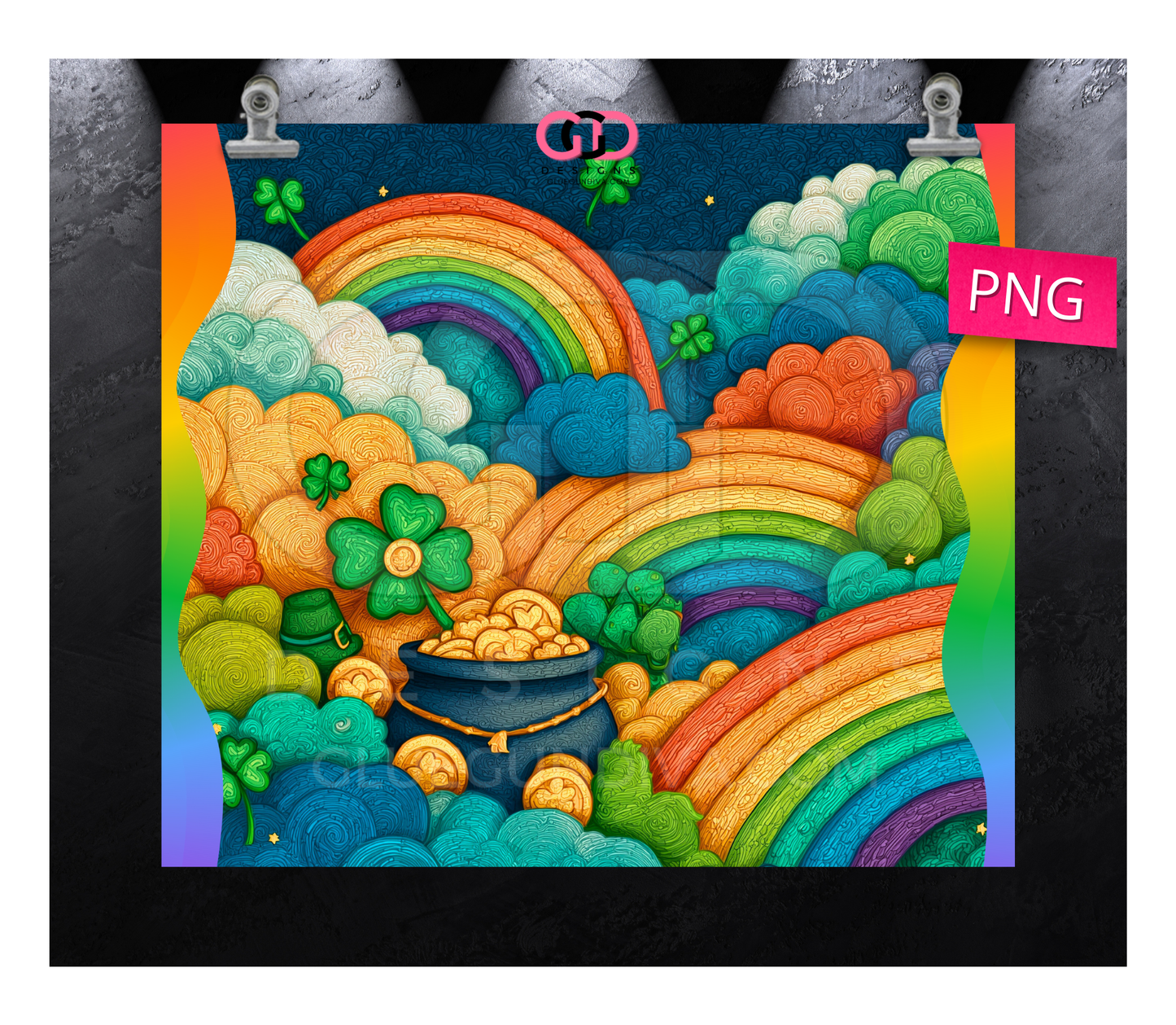 Rainbows and Golden Coins-   Digital tumbler wrap for 20 oz skinny straight tumbler