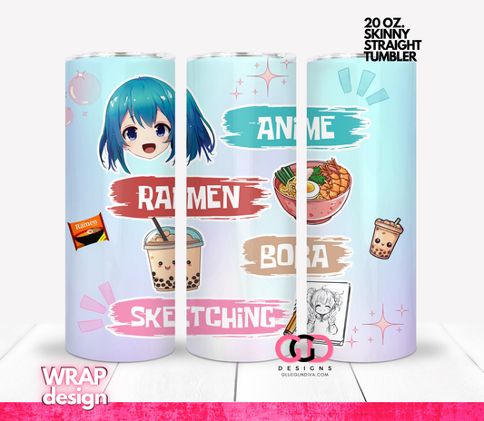 Anime and Boba - Digital tumbler wrap for 20 oz skinny straight tumbler