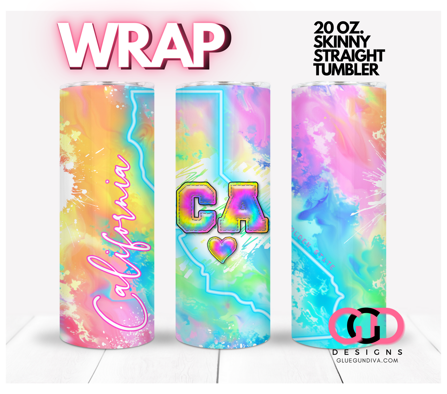 Neon State of California -   Digital tumbler wrap for 20 oz skinny straight tumbler