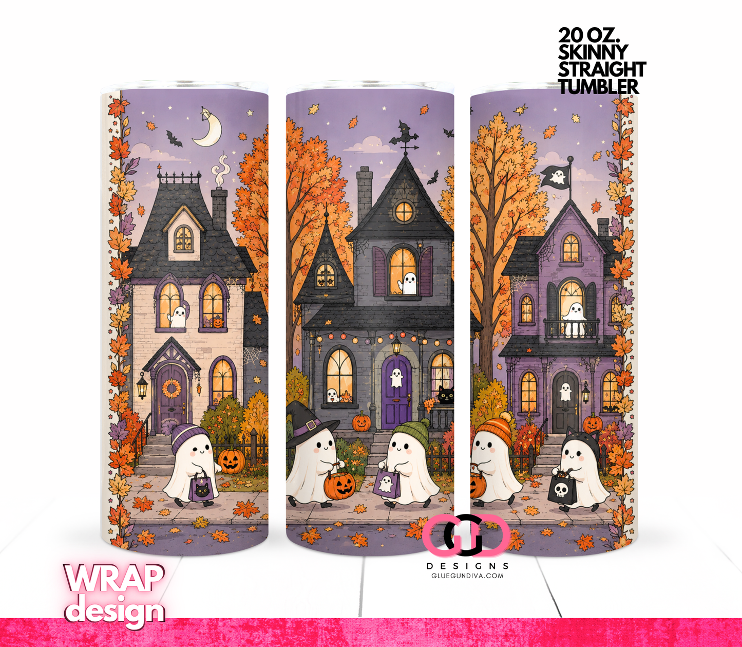 Trick or Treating Ghosts -  Digital tumbler wrap for 20 oz skinny straight tumbler