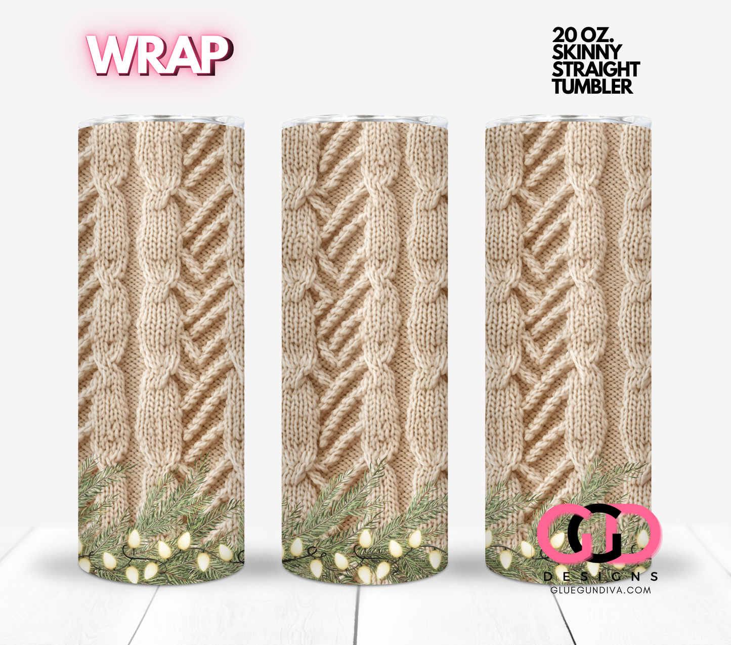 Warm Knits Wreath Border -  Digital tumbler wrap for 20 oz skinny straight tumbler