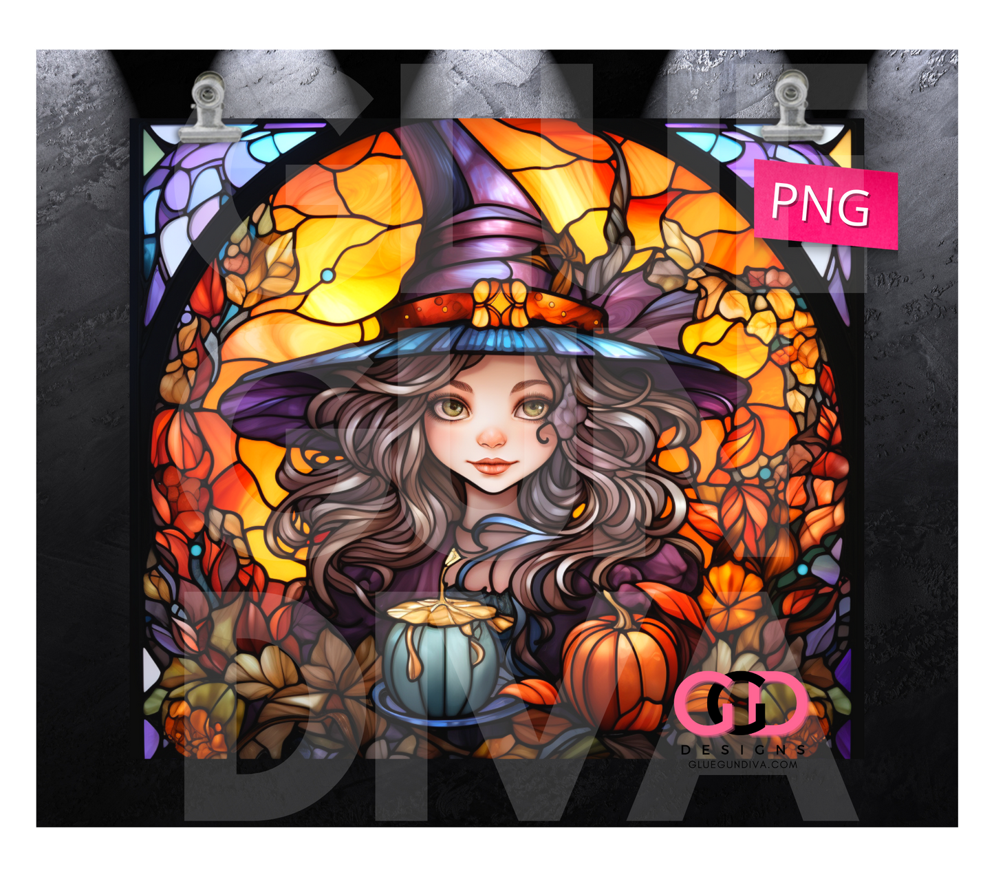 Cute Witch Stained Glass-   Digital tumbler wrap for 20 oz skinny straight tumbler