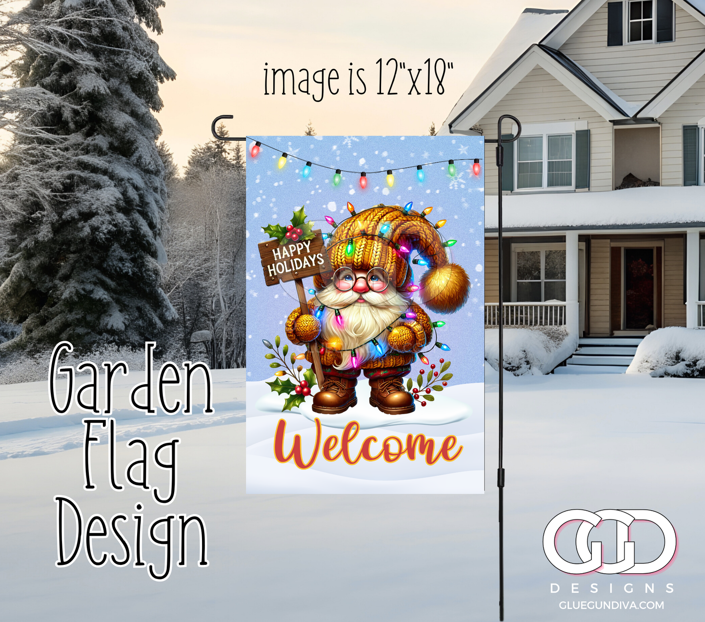 Gnome Happy Holidays Lights -  Garden Flag Designs