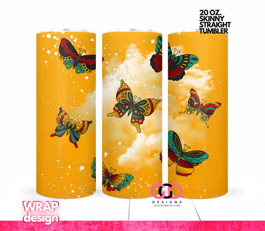 Butterflies on Mustard Swirl -  Digital tumbler wrap for 20 oz skinny straight tumbler