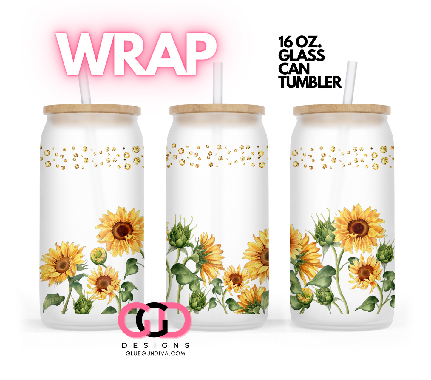 Sunflowers and Gems-   Digital wrap for 16 oz glass can