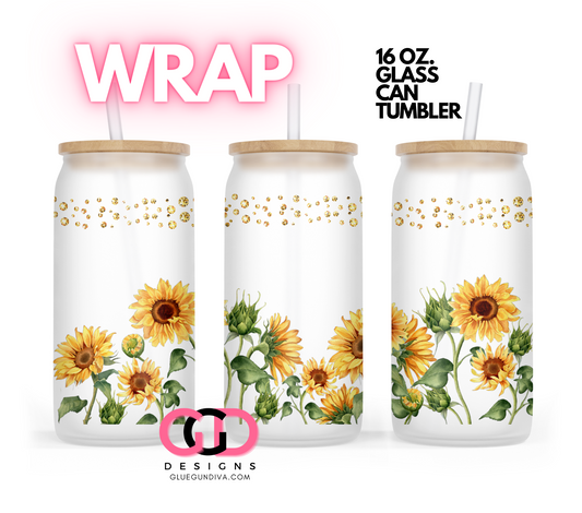 Sunflowers and Gems-   Digital wrap for 16 oz glass can