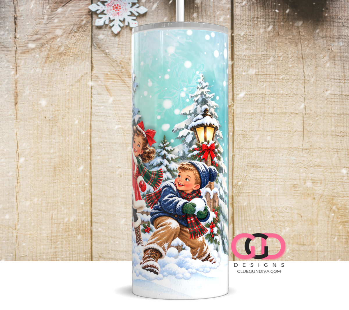 Vintage Snowball Fight White Children-  Digital tumbler wrap for 20 oz skinny straight tumbler