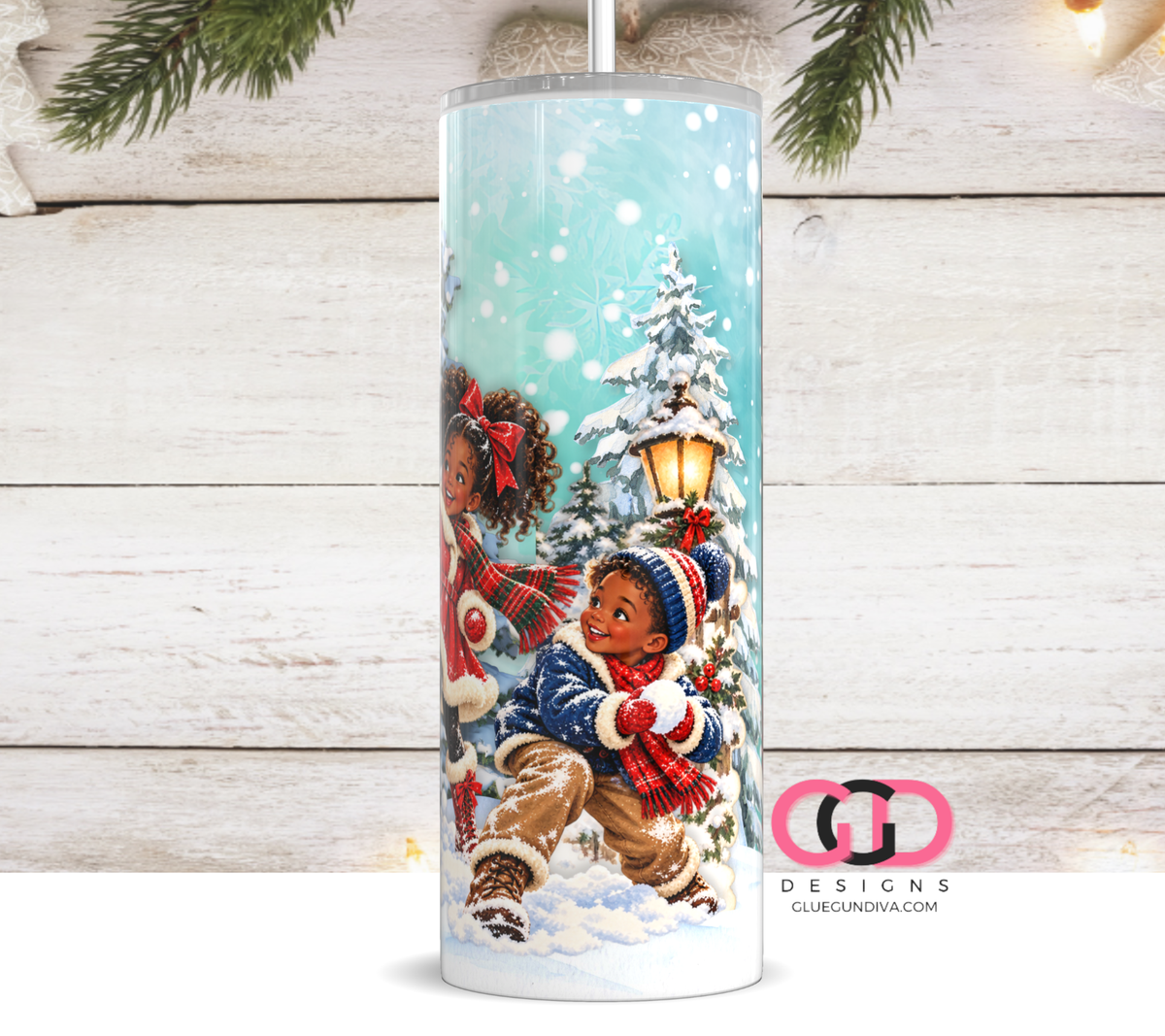 Vintage Snowball Fight Black Children-  Digital tumbler wrap for 20 oz skinny straight tumbler