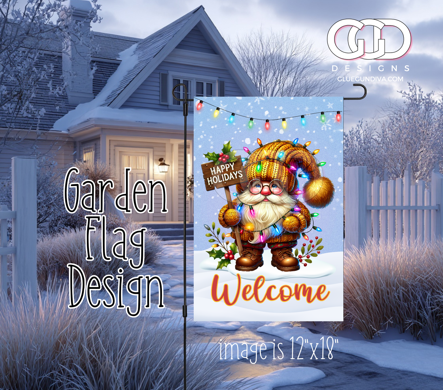 Gnome Happy Holidays Lights -  Garden Flag Designs