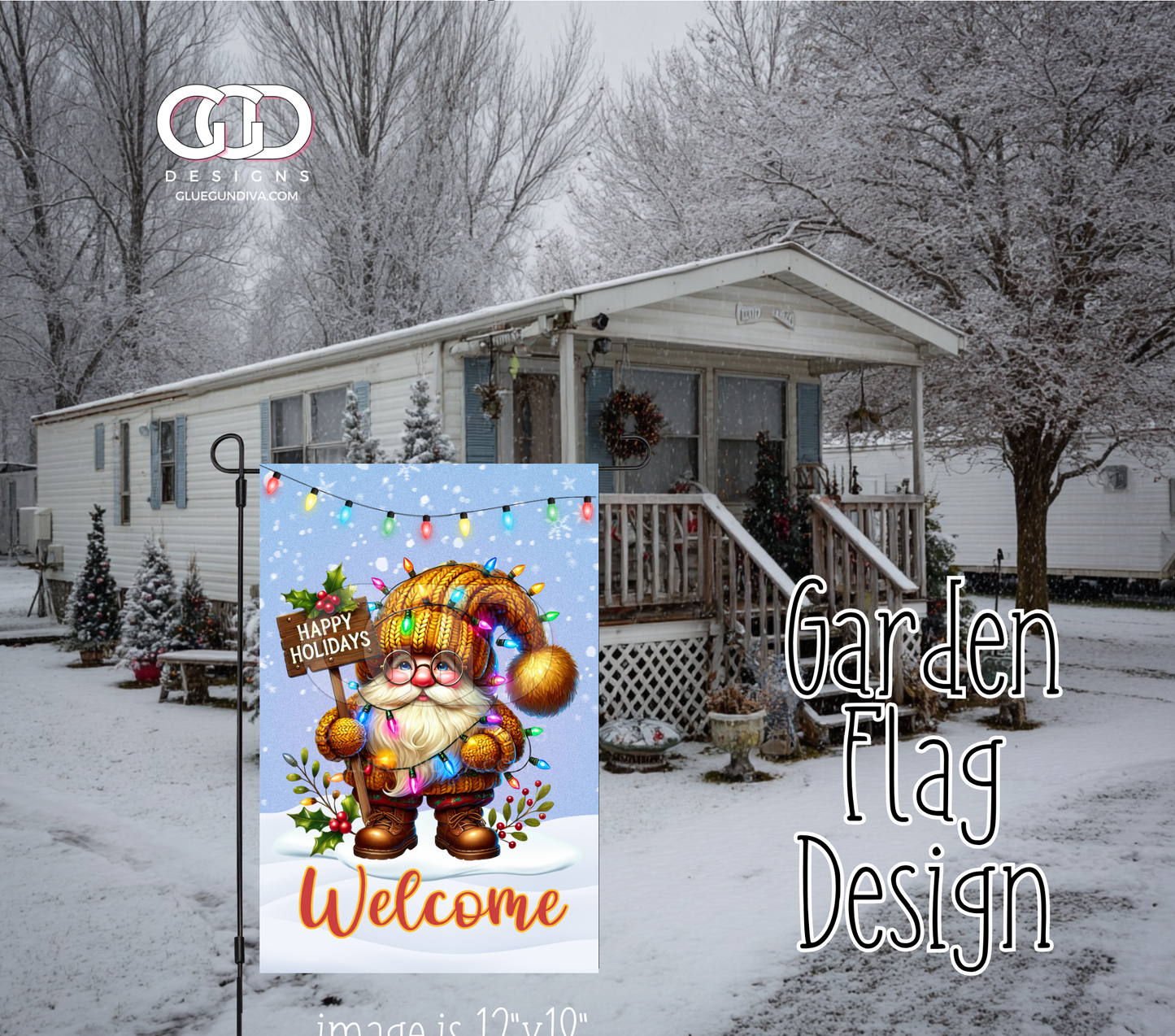 Gnome Happy Holidays Lights -  Garden Flag Designs