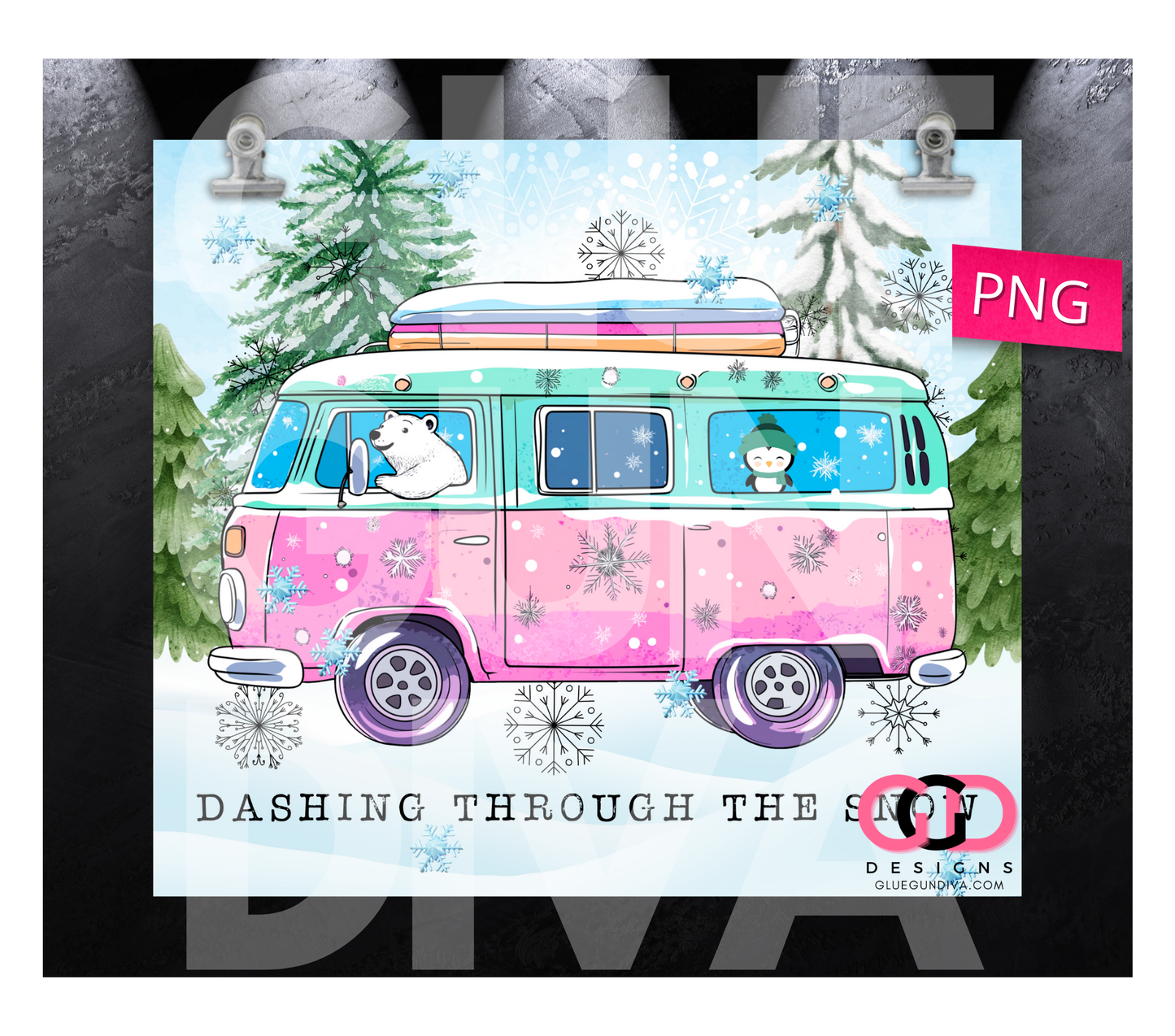 Dashing Through The Snow Van -  Digital tumbler wrap for 20 oz skinny straight tumbler