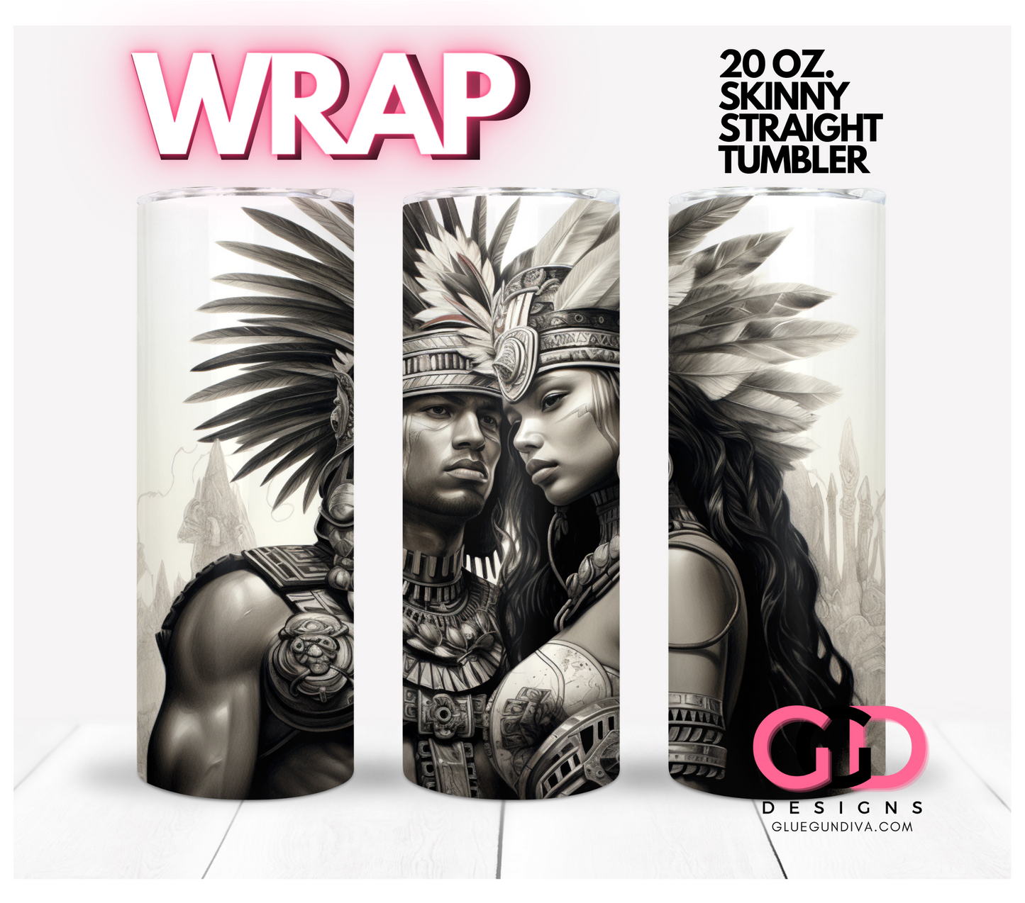 Aztec Warrior and Princess-   Digital tumbler wrap for 20 oz skinny straight tumbler