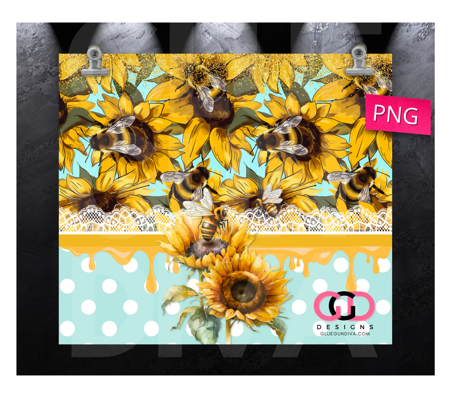 Bees and Dots with Honey-   Digital tumbler wrap for 20 oz skinny straight tumbler