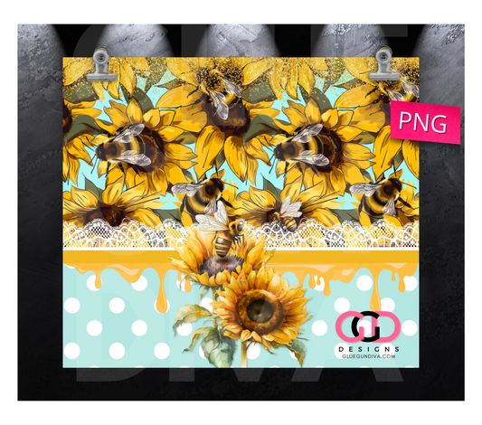 Bees and Dots with Honey-   Digital tumbler wrap for 20 oz skinny straight tumbler