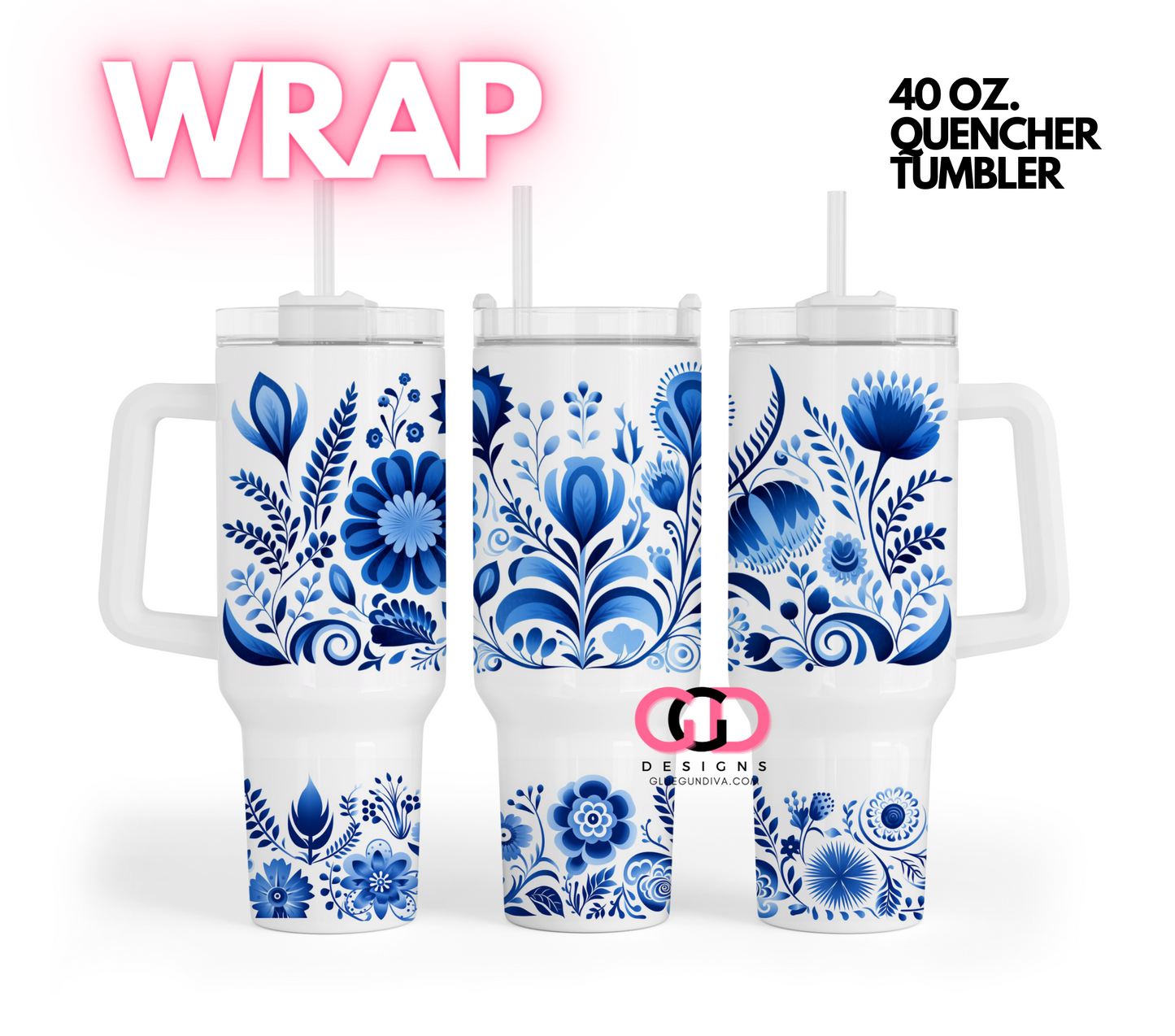 Blue Mexican Art Flowers -   Digital tumbler wrap for 40 oz tumbler