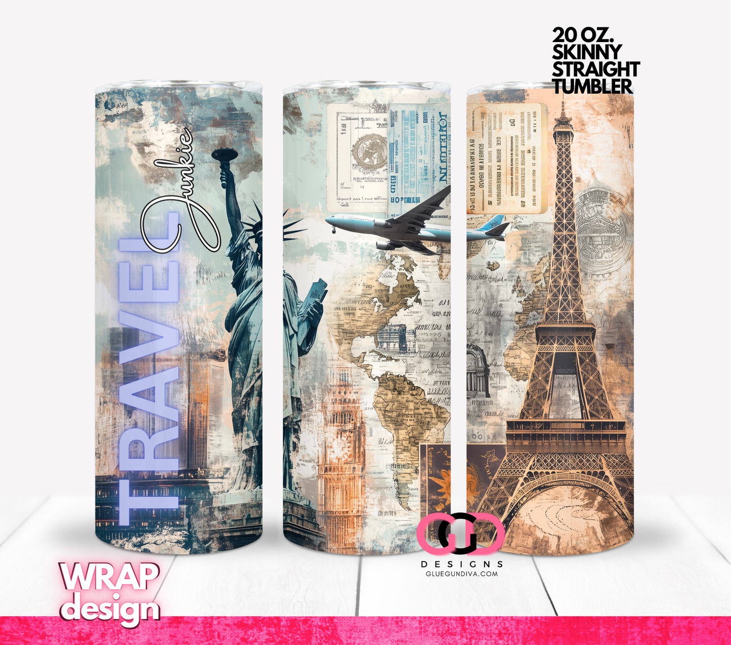 Travel Junkie -  Digital tumbler wrap for 20 oz skinny straight tumbler