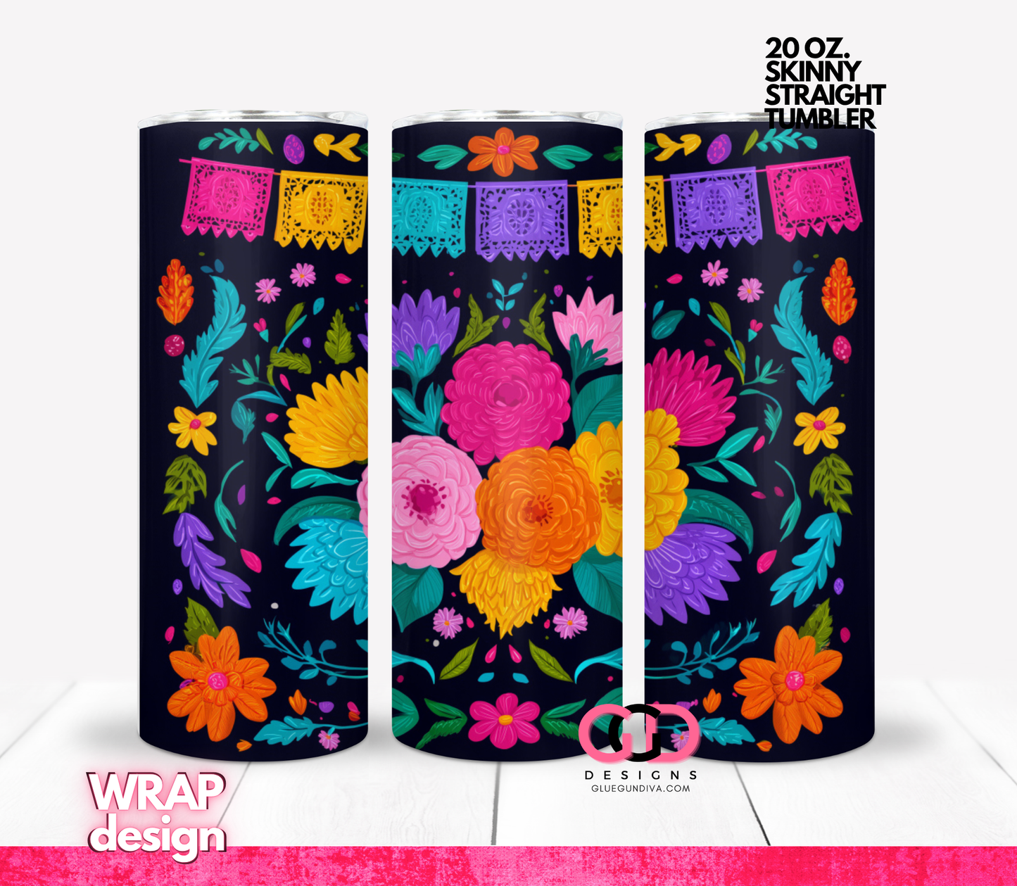 Mexican Papel Picado -  Digital tumbler wrap for 20 oz skinny straight tumbler