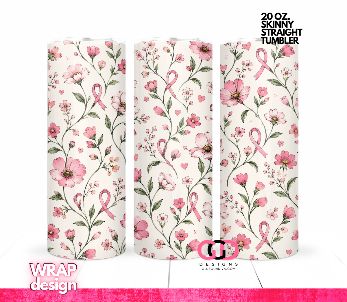 Floral Pink Ribbon - Digital tumbler wrap for 20 oz skinny straight tumbler