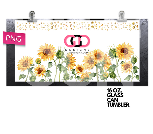 Sunflowers and Gems-   Digital wrap for 16 oz glass can