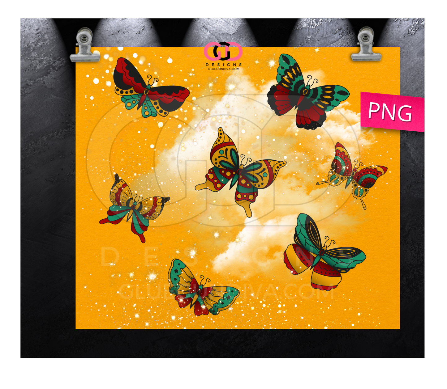 Butterflies on Mustard Swirl -  Digital tumbler wrap for 20 oz skinny straight tumbler