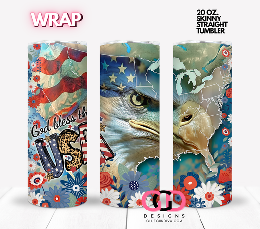 God Bless the USA flowers-  Digital tumbler wrap for 20 oz skinny straight tumbler