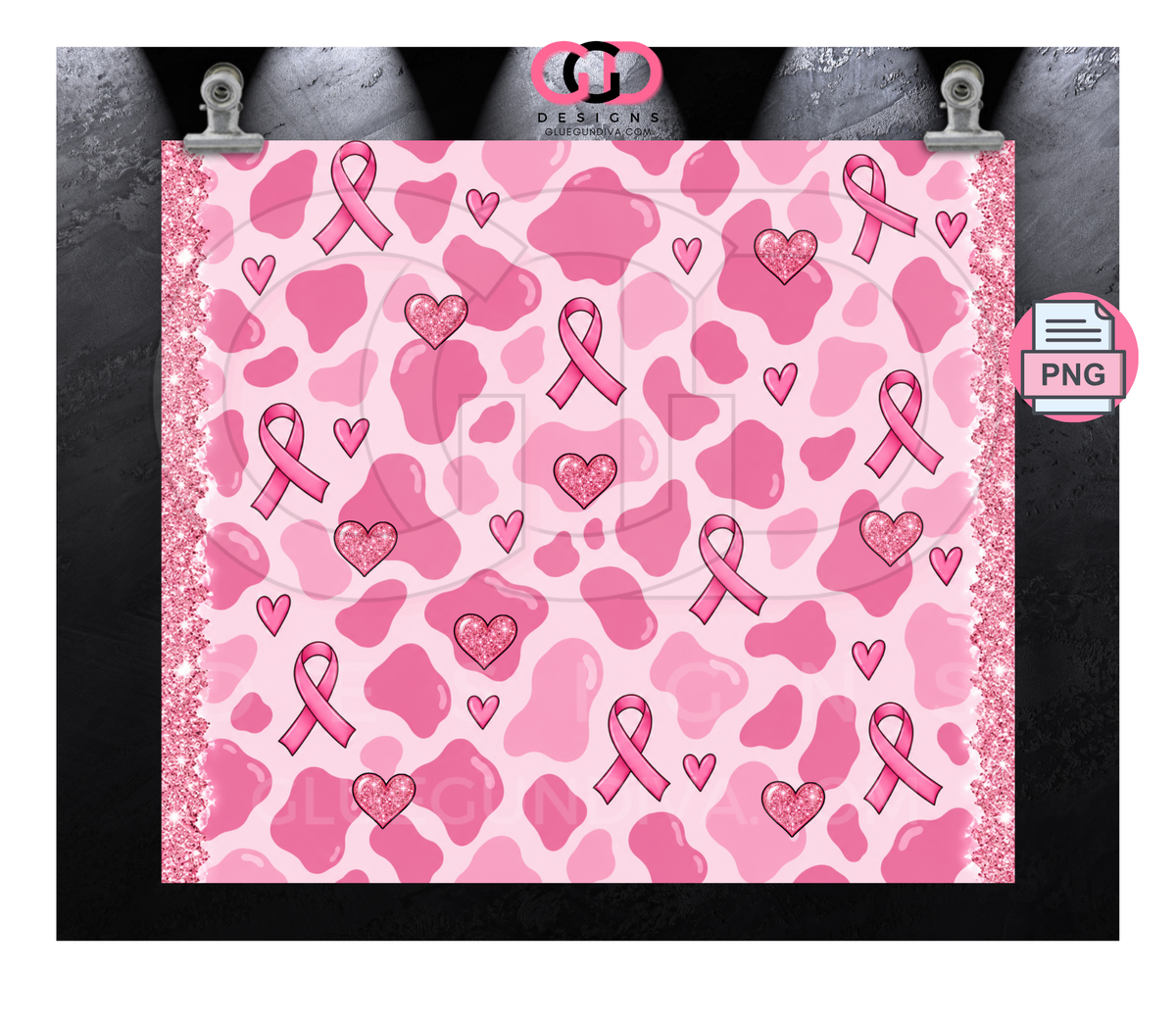 Pink Ribbon Cow Pattern - Digital tumbler wrap for 20 oz skinny straight tumbler