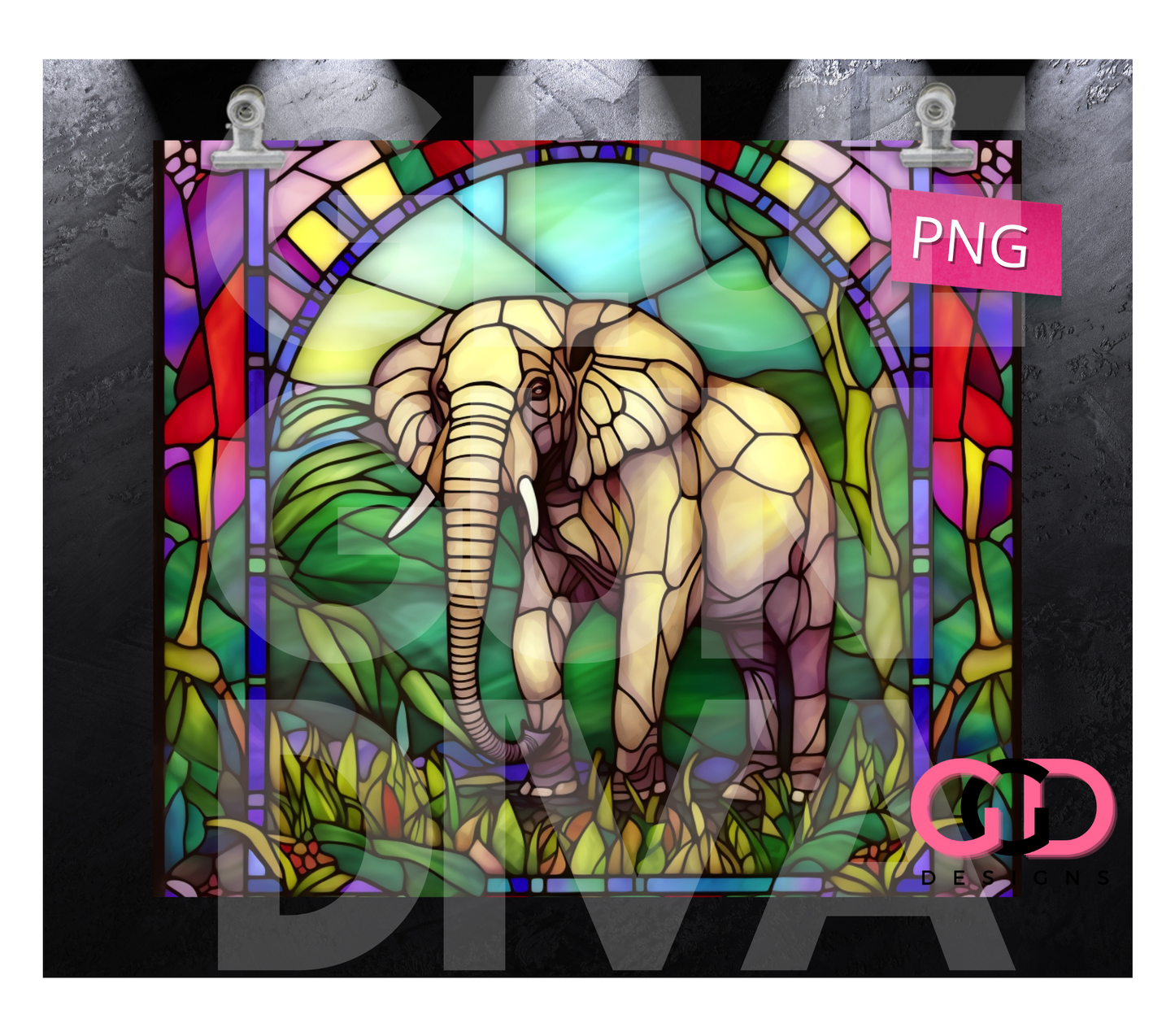 Jungle Stained Glass Elephant-   Digital tumbler wrap for 20 oz skinny straight tumbler