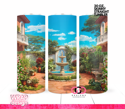 Spanish Villa Garden -   Digital tumbler wrap for 20 oz skinny straight tumbler
