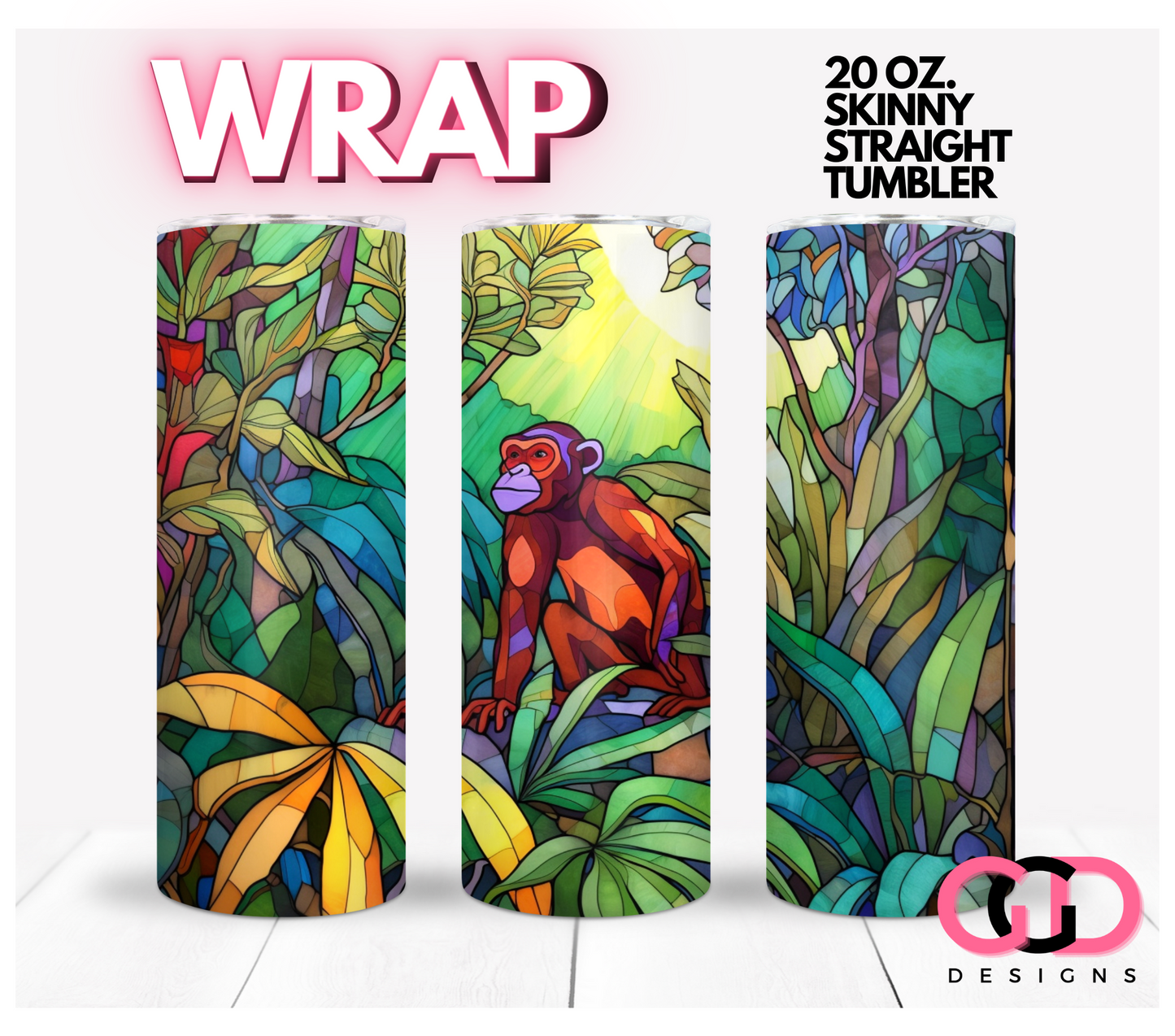 Jungle Stained Glass Monkey-   Digital tumbler wrap for 20 oz skinny straight tumbler