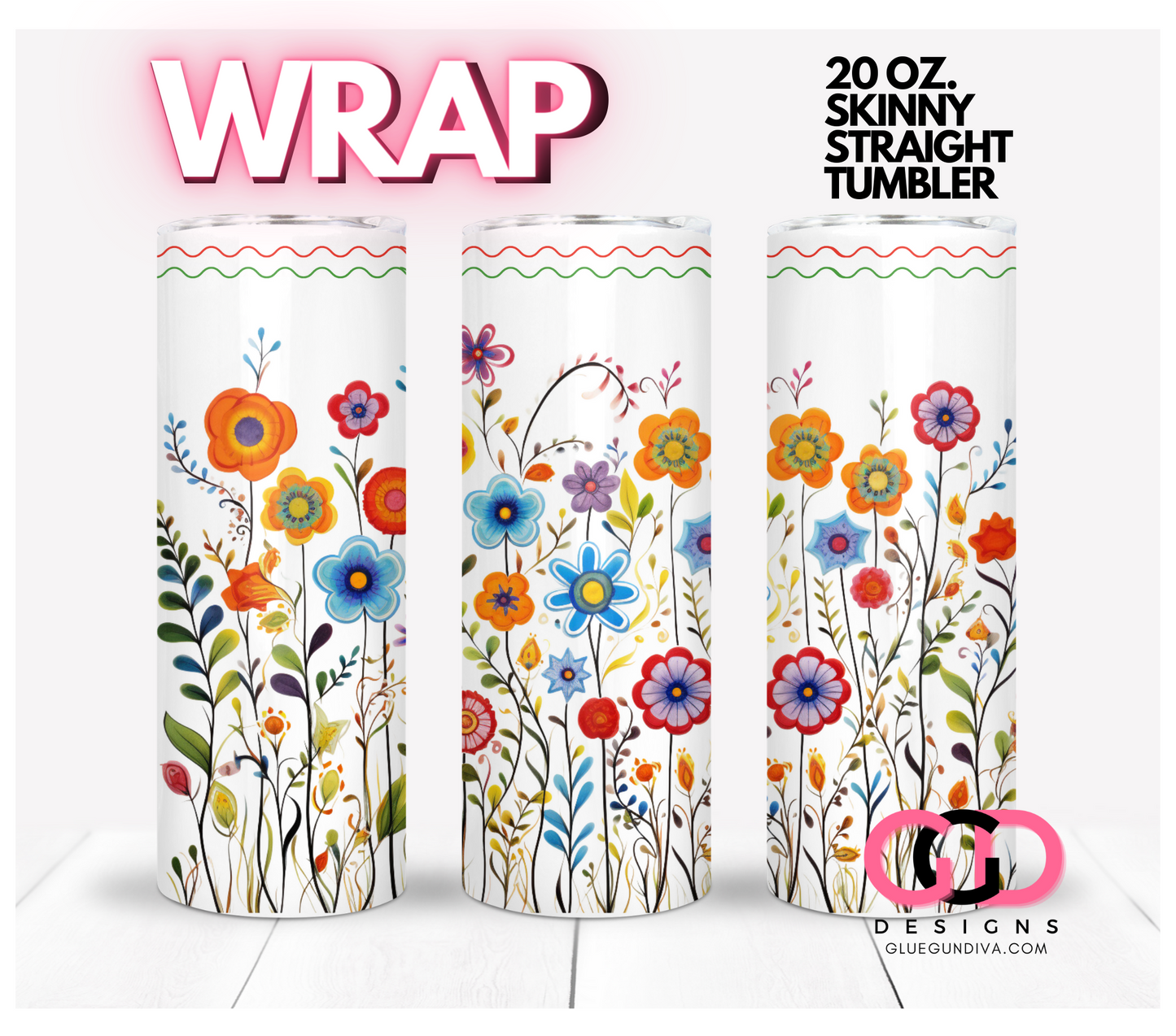 Flowers with wavy border-   Digital tumbler wrap for 20 oz skinny straight tumbler