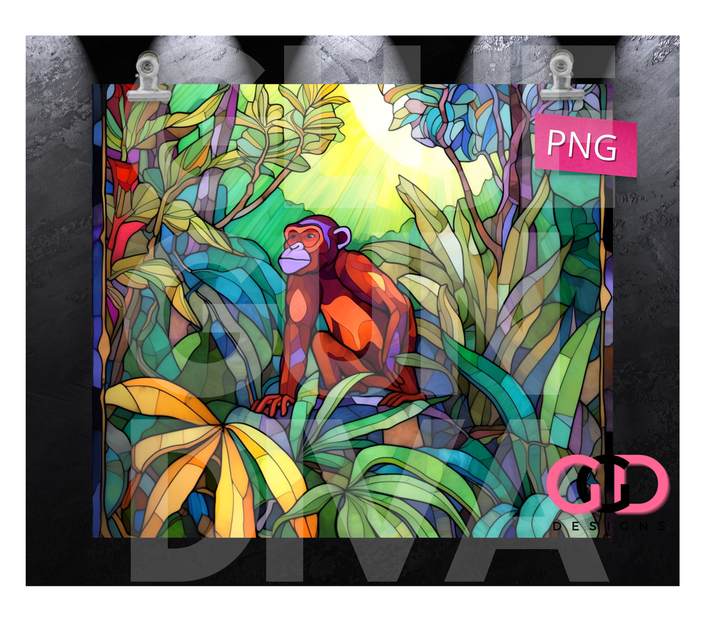 Jungle Stained Glass Monkey-   Digital tumbler wrap for 20 oz skinny straight tumbler