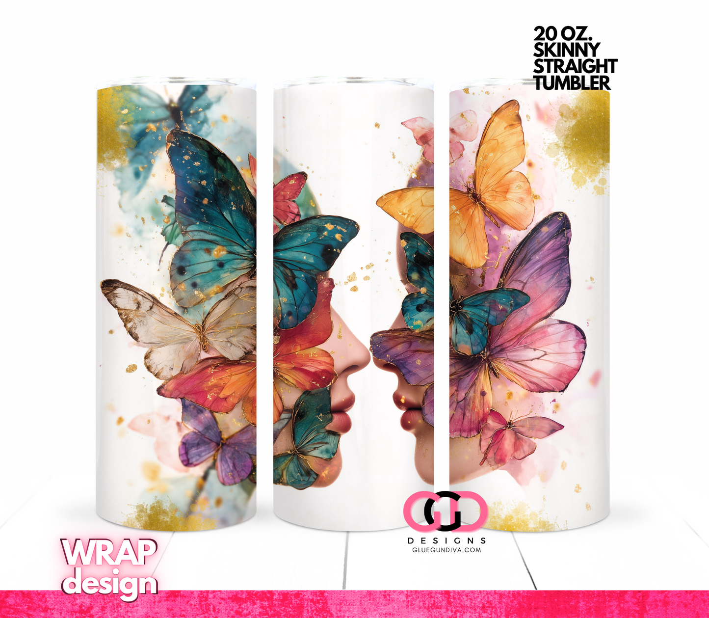 Butterflies Female Profiles -   Digital tumbler wrap for 20 oz skinny straight tumbler