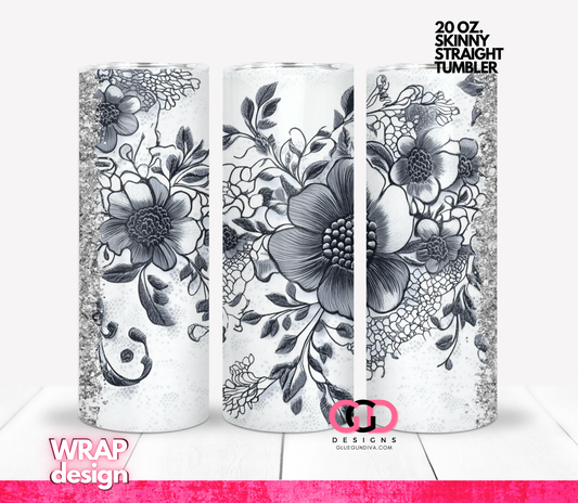 Black White Roses Lace-   Digital tumbler wrap for 20 oz skinny straight tumbler
