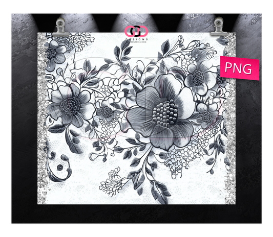 Black White Roses Lace-   Digital tumbler wrap for 20 oz skinny straight tumbler