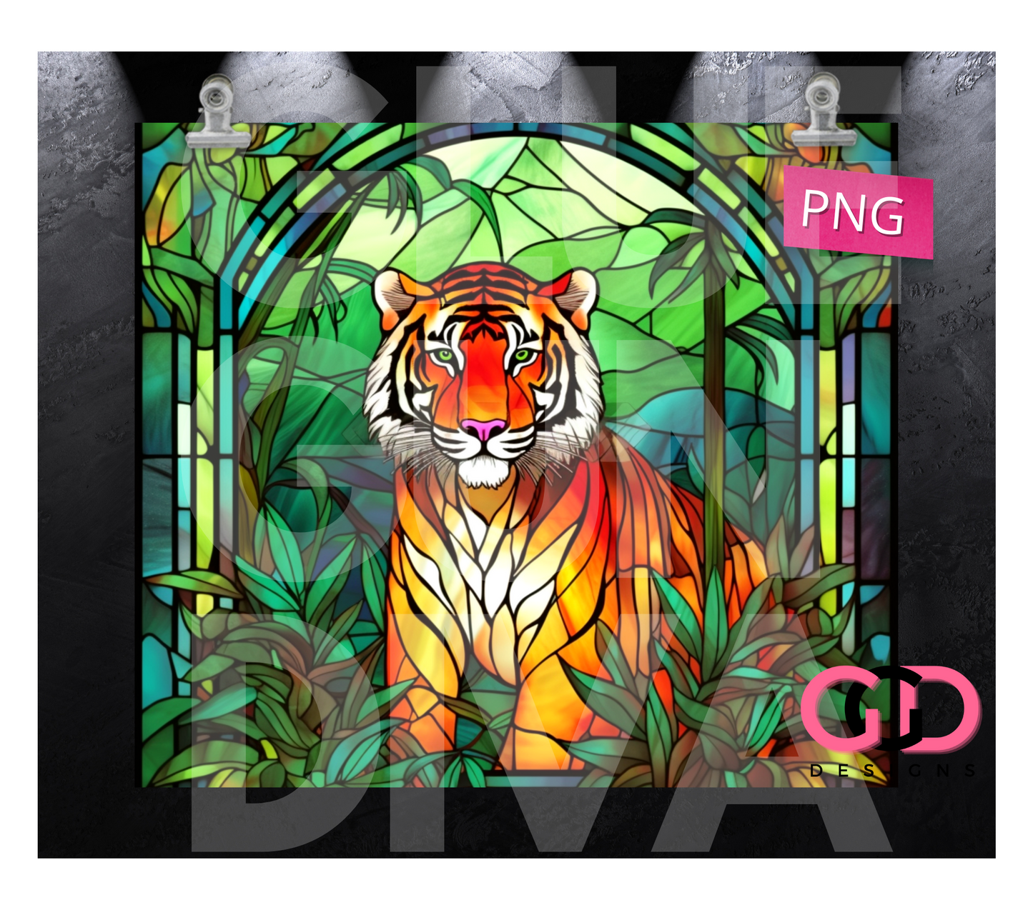 Jungle Stained Glass Tiger-   Digital tumbler wrap for 20 oz skinny straight tumbler