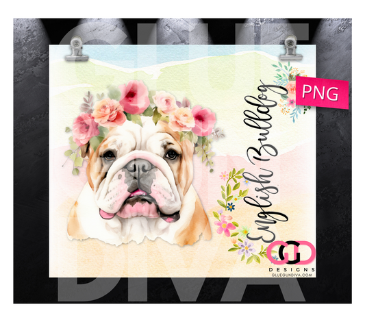 English Bulldog Floral Crown-  Digital tumbler wrap for 20 oz skinny straight tumbler