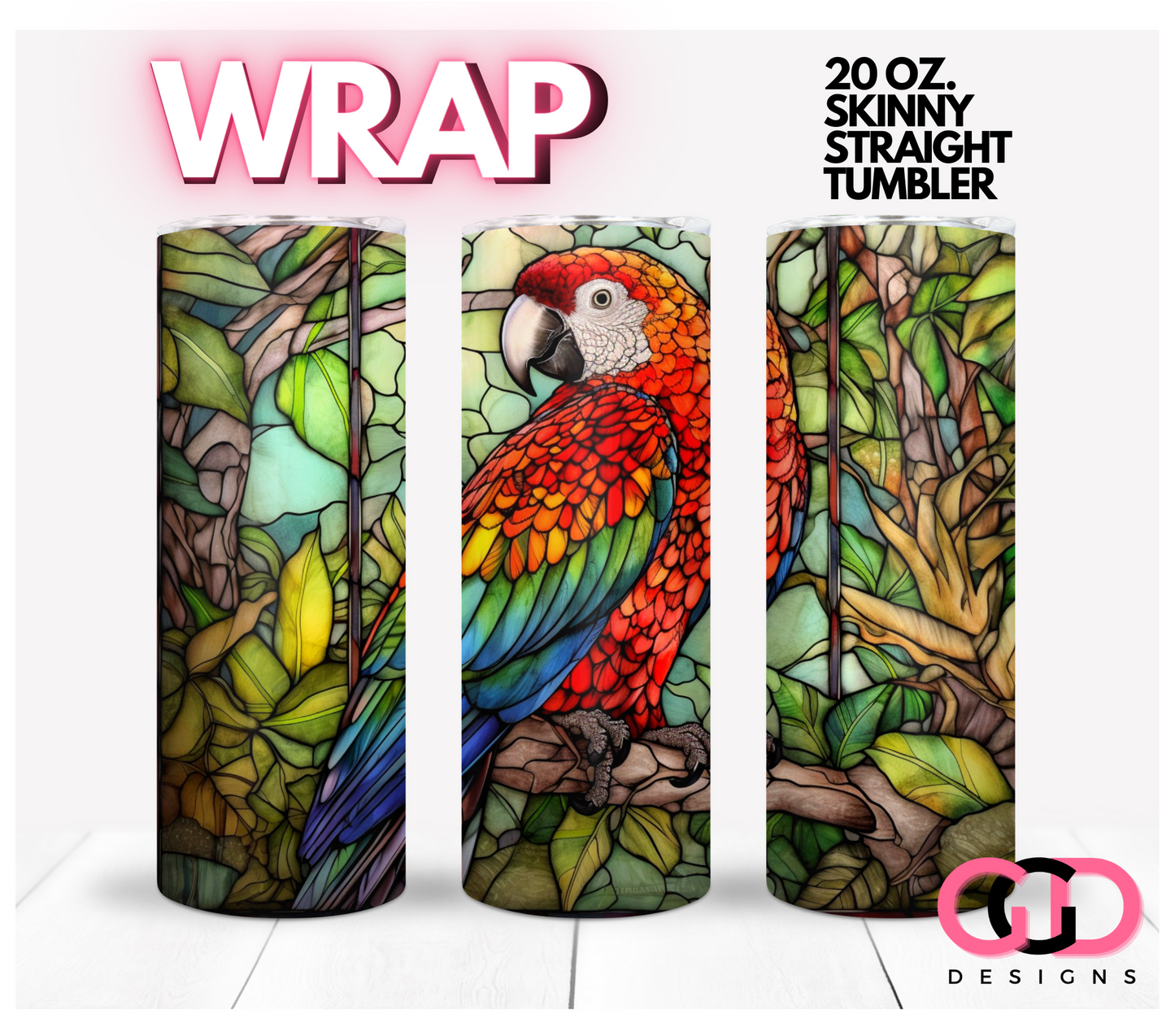 JUNGLE STAINED GLASS PARROT-   Digital tumbler wrap for 20 oz skinny straight tumbler