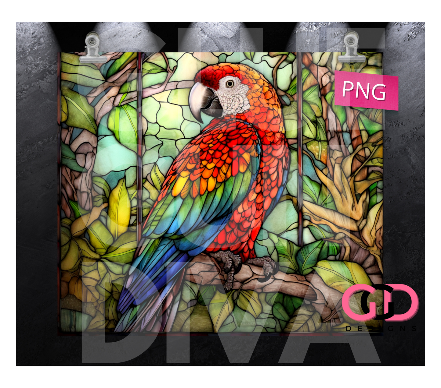 JUNGLE STAINED GLASS PARROT-   Digital tumbler wrap for 20 oz skinny straight tumbler