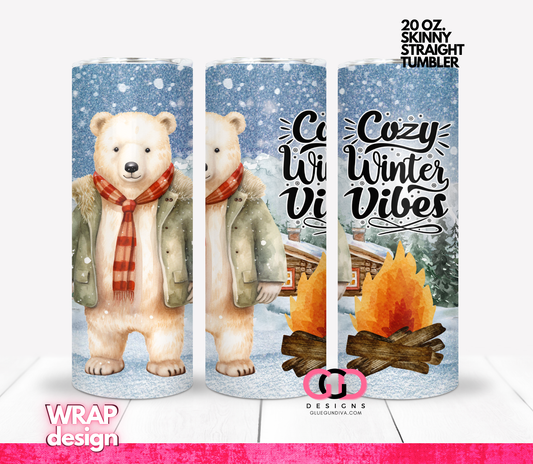 Cozy Winter Vibes Bear -  Digital tumbler wrap for 20 oz skinny straight tumbler