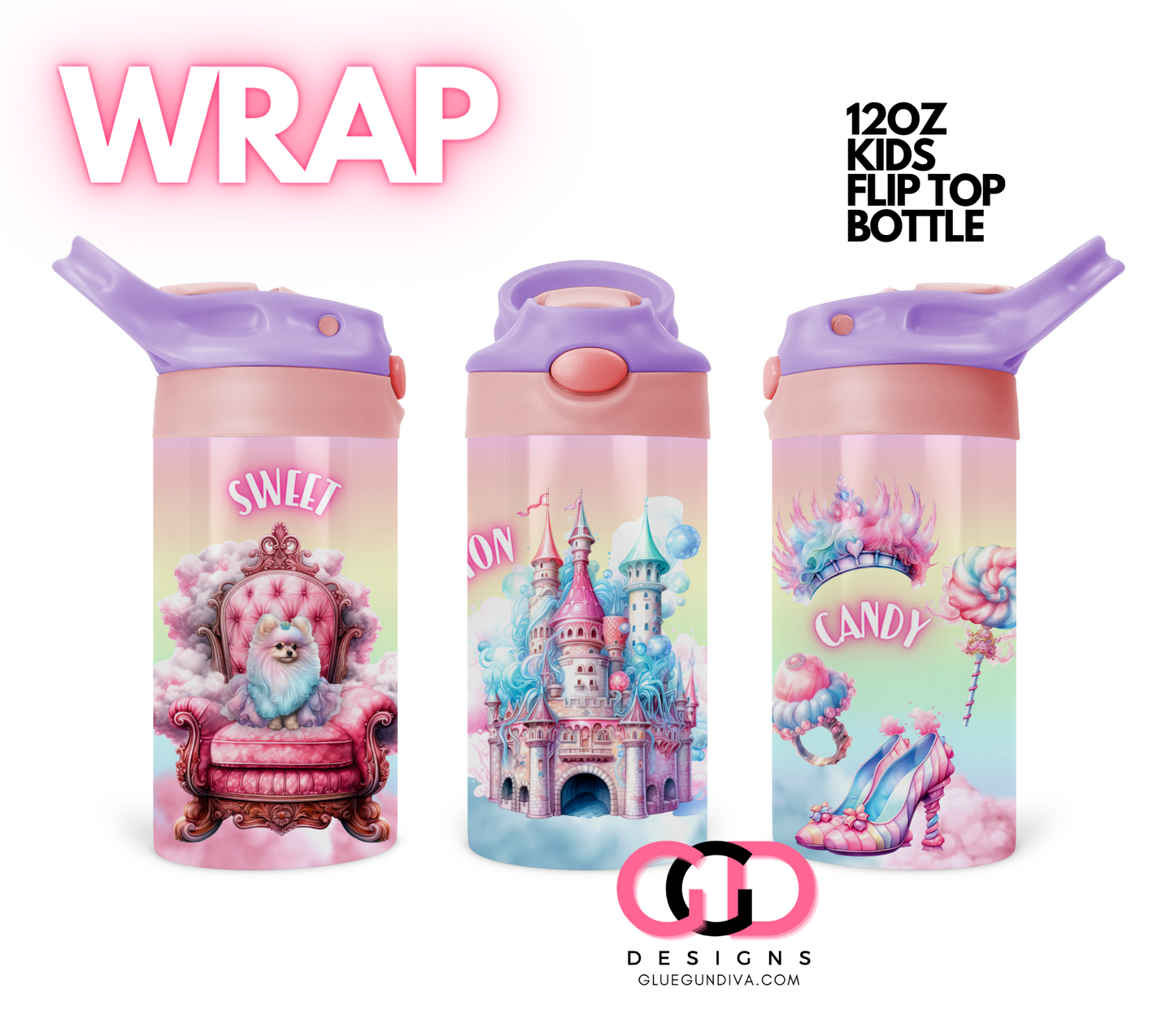 Cotton Candy Princess - Digital Flip Top Bottle Wrap for kid's bottles 12 oz