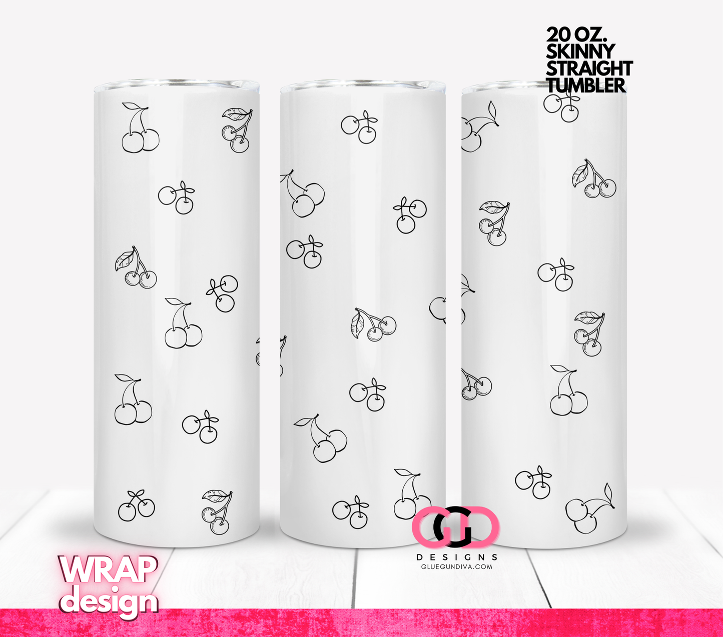 Cherries light grey background-  Digital tumbler wrap for 20 oz skinny straight tumbler