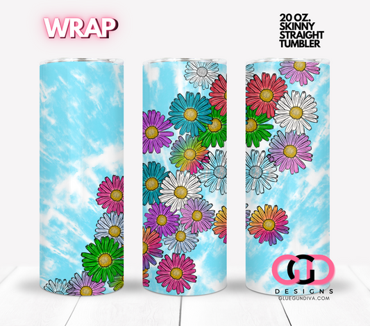 Colorful daisies on tiedye -  Digital tumbler wrap for 20 oz skinny straight tumbler