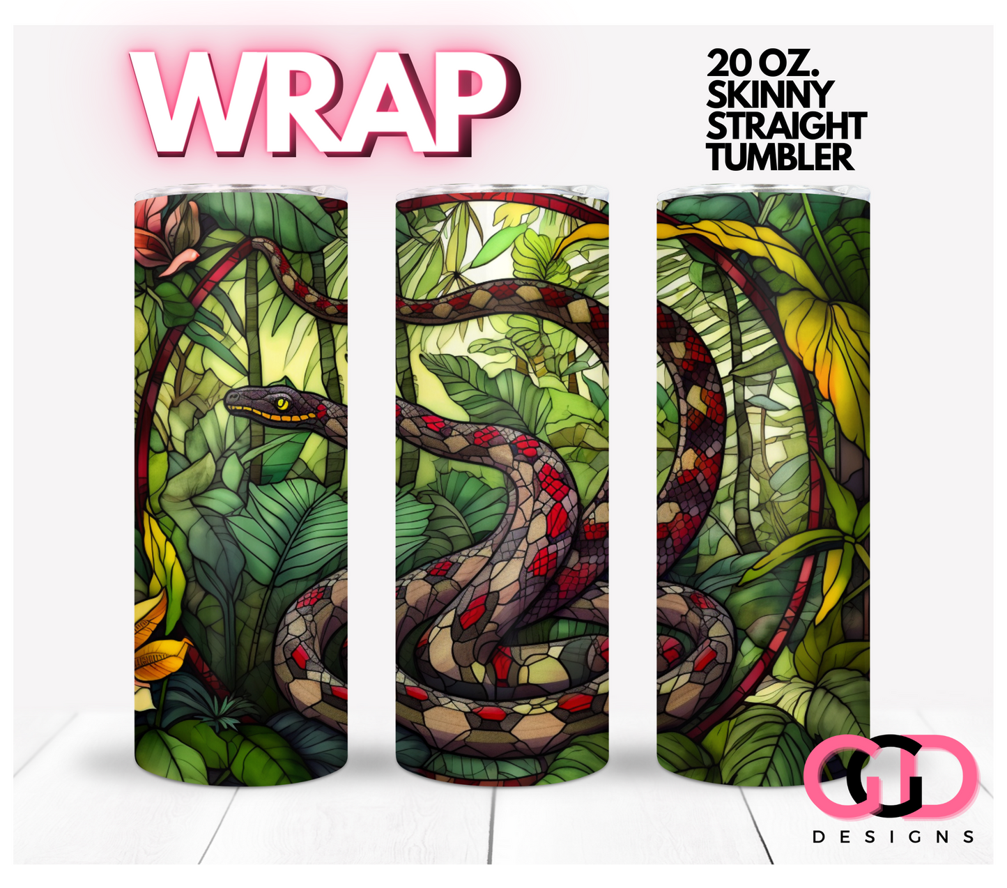 Jungle Stained Glass Snake-   Digital tumbler wrap for 20 oz skinny straight tumbler