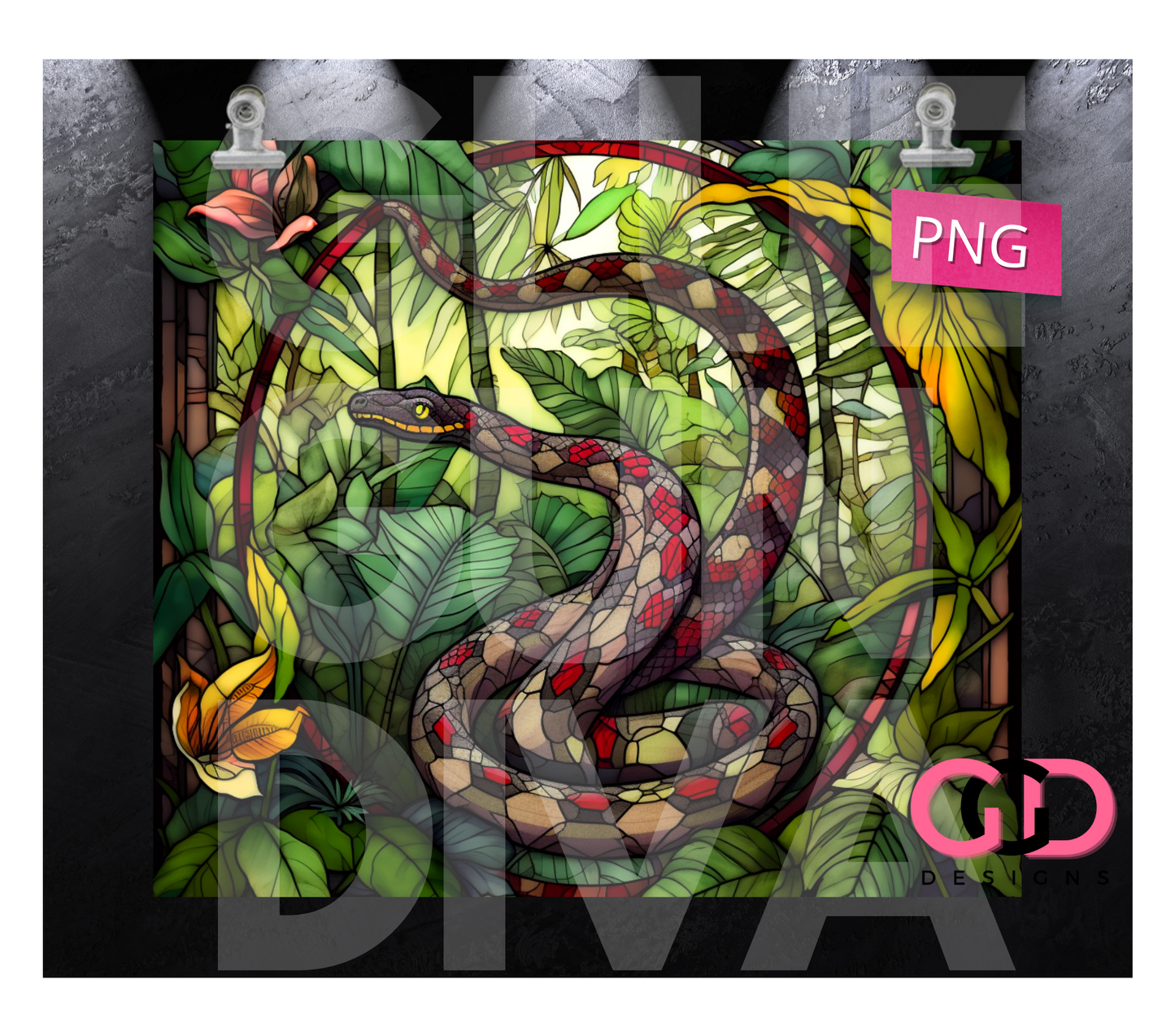 Jungle Stained Glass Snake-   Digital tumbler wrap for 20 oz skinny straight tumbler