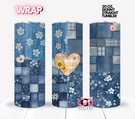 Denim Patches and Flowers-  Digital tumbler wrap for 20 oz skinny straight tumbler