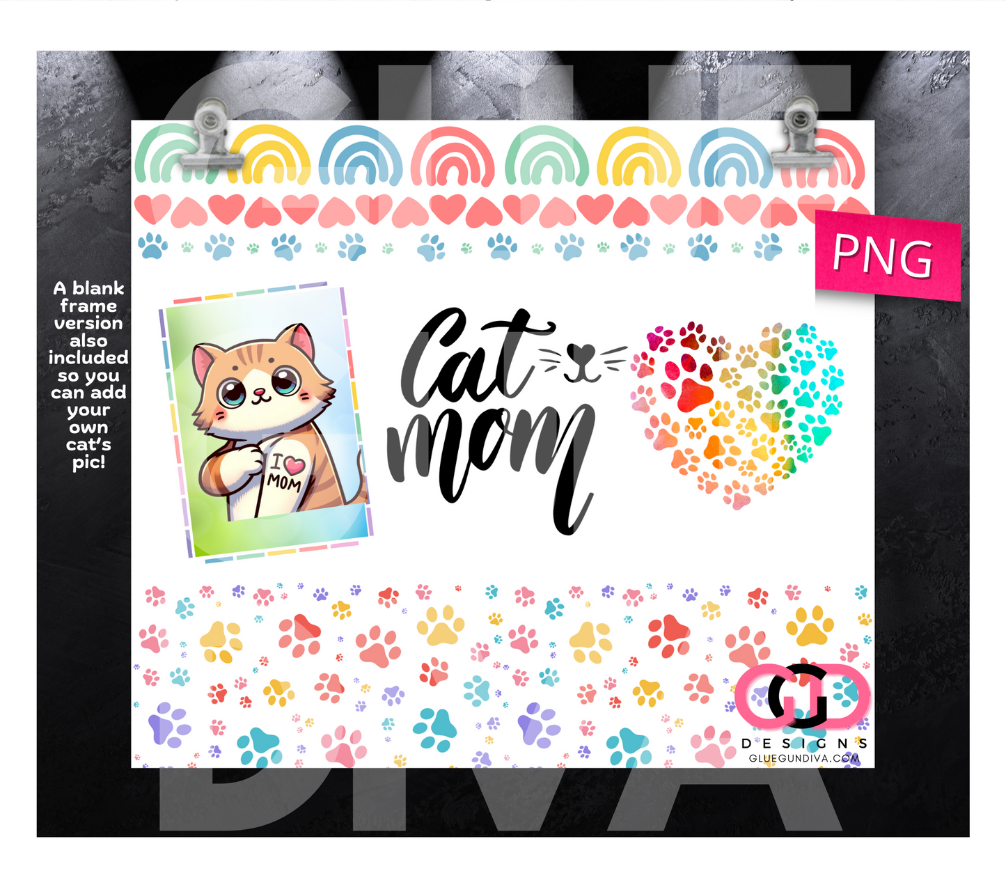 Cat Mom free blank frame version-  Digital tumbler wrap for 20 oz skinny straight tumbler