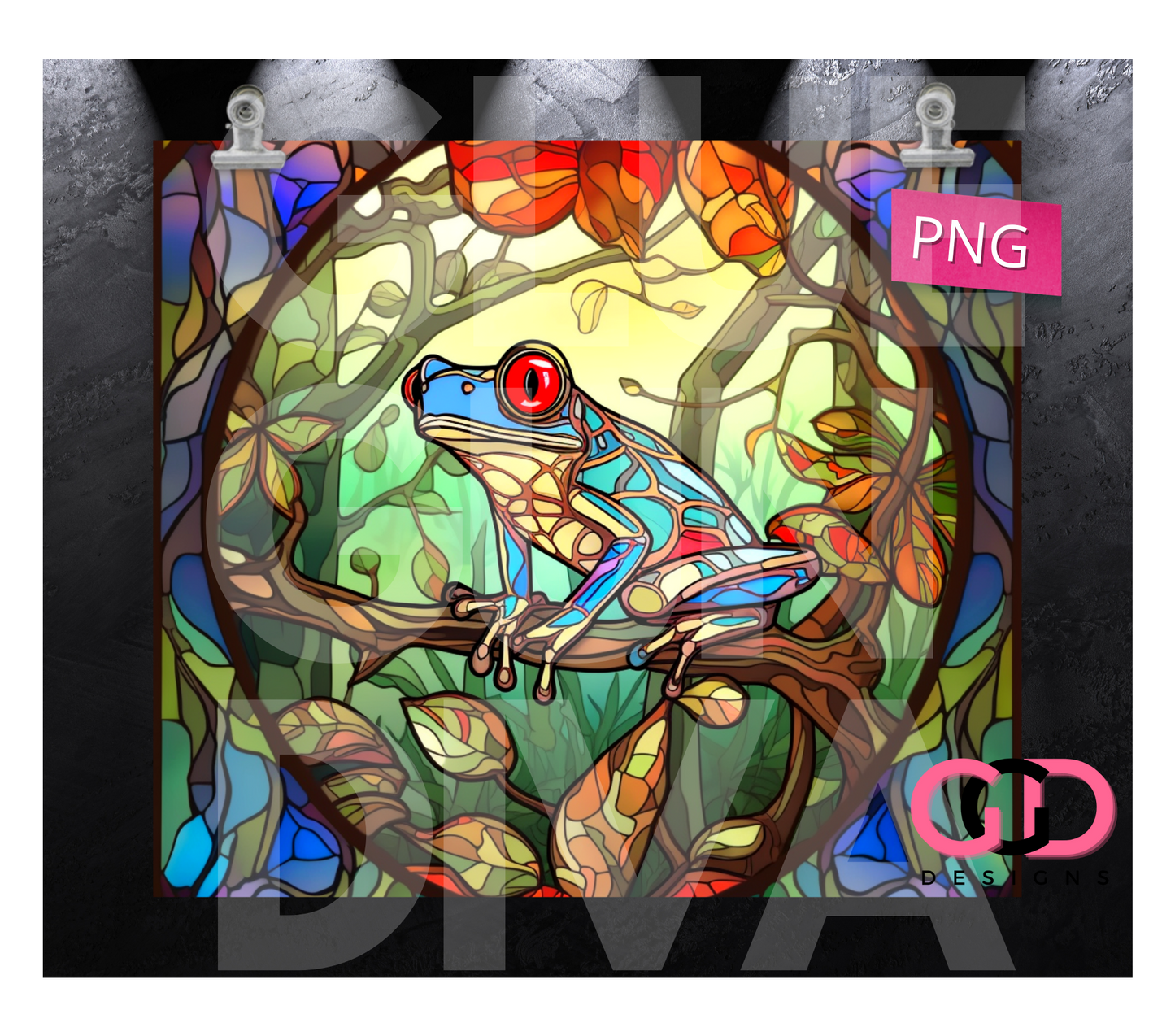 Jungle Stained Glass Frog-   Digital tumbler wrap for 20 oz skinny straight tumbler