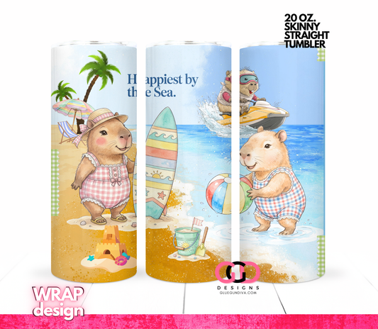 Capybara Happiest by The Sea -  Digital tumbler wrap for 20 oz skinny straight tumbler