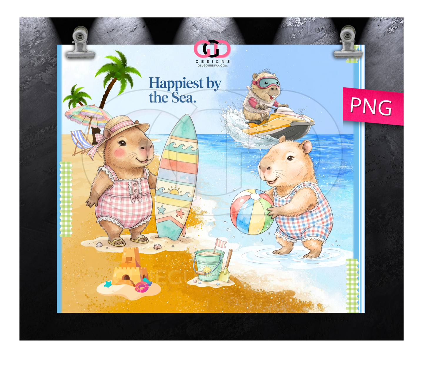 Capybara Happiest by The Sea -  Digital tumbler wrap for 20 oz skinny straight tumbler