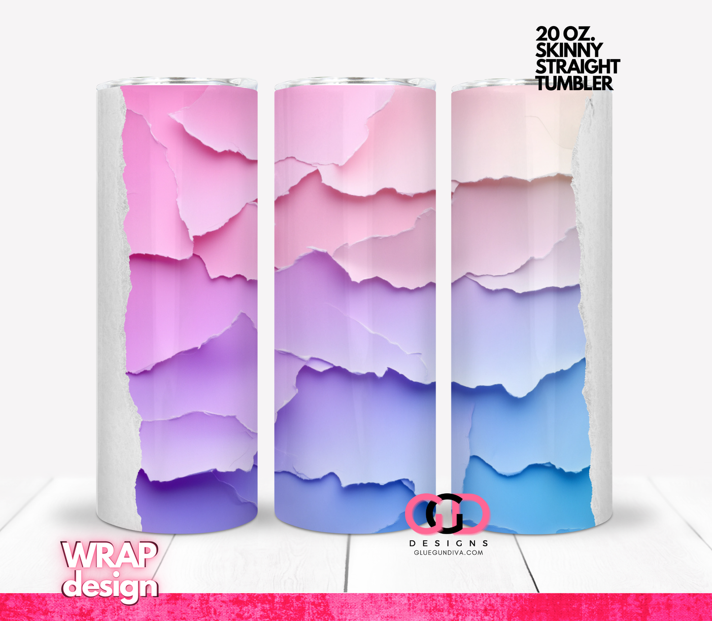 Pastel Torn Paper Pink Purple-   Digital tumbler wrap for 20 oz skinny straight tumbler